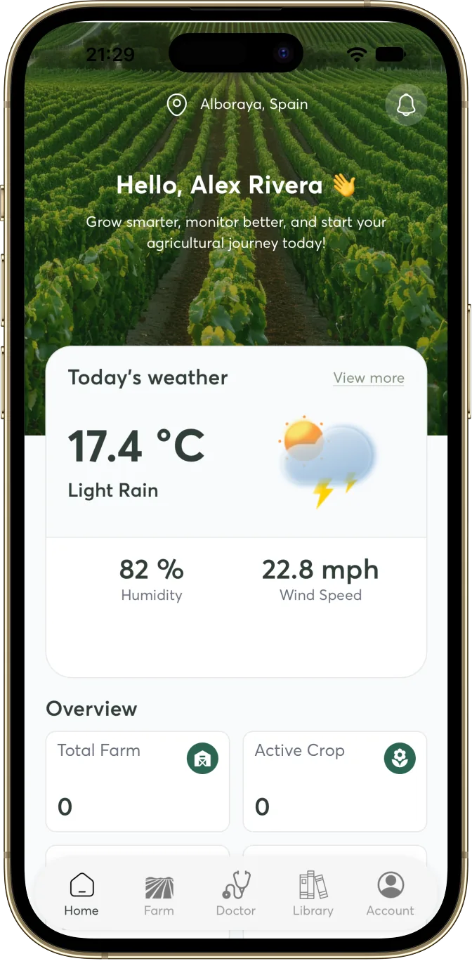 AgroPulse home screen with today’s weather and a farm overview