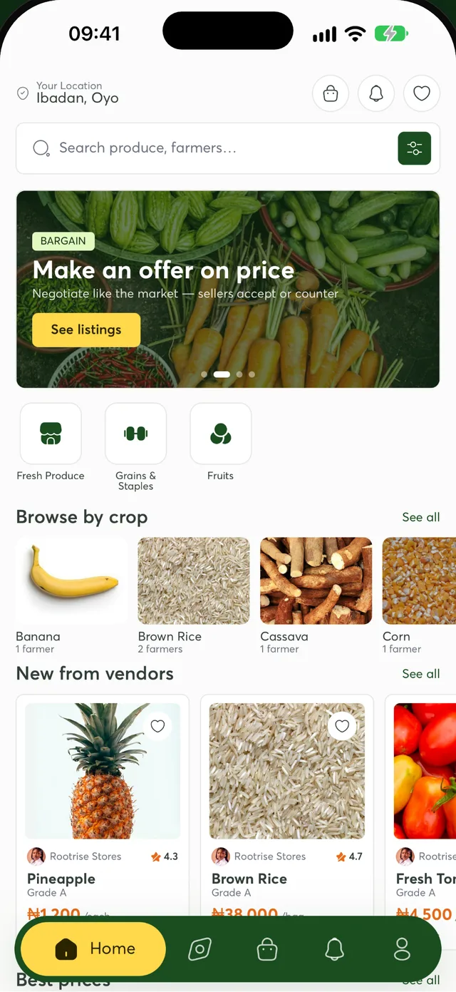 Growa home screen with a search bar, offers banner, browse by crop and new produce from sellers