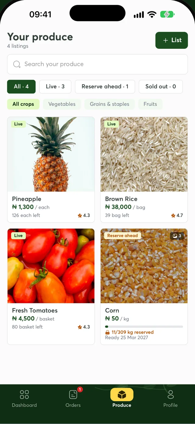 Growa Vendor produce list showing pineapple, brown rice, tomatoes and corn with prices and stock left